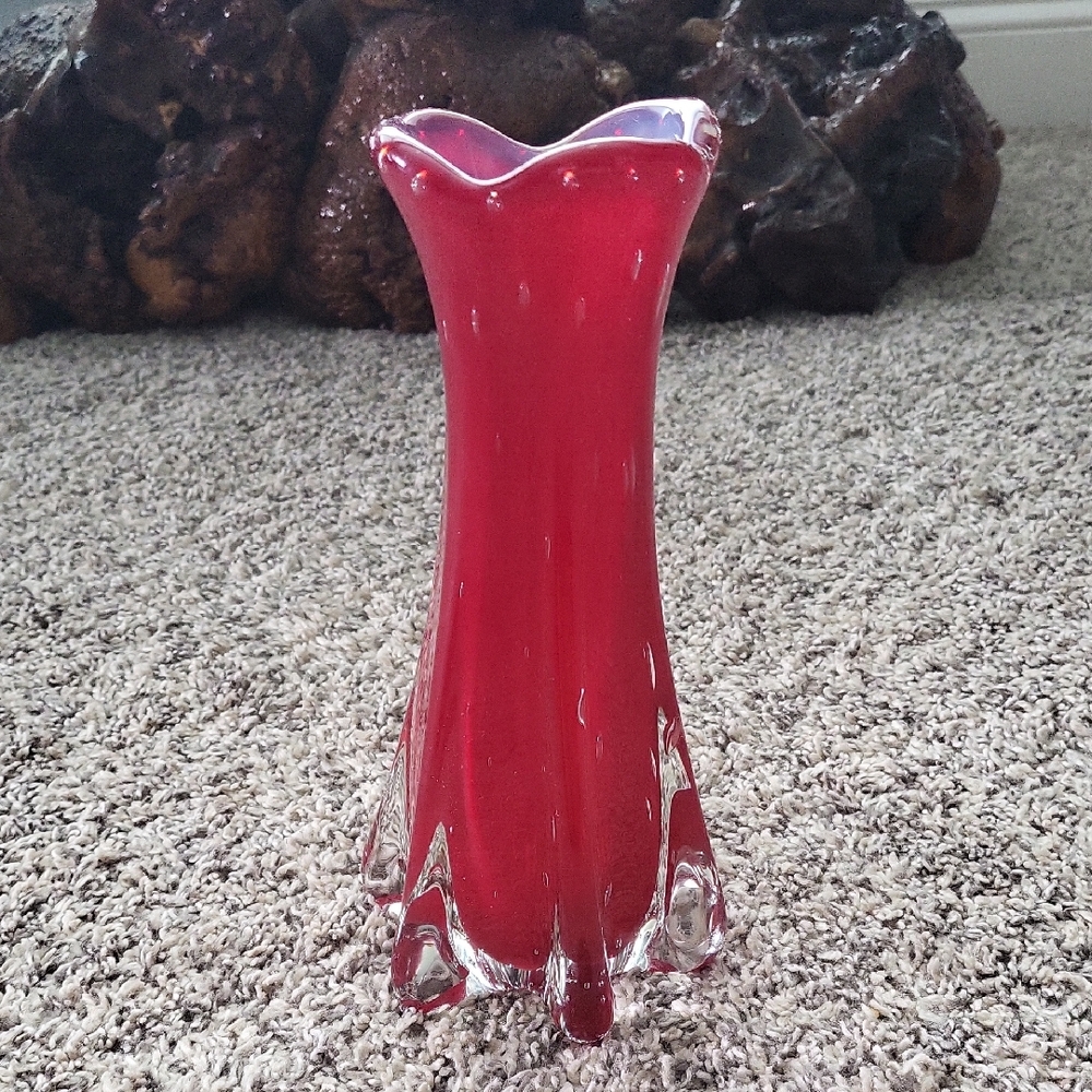 Cherry Red Fluted Glass Vase with Decorative Feet